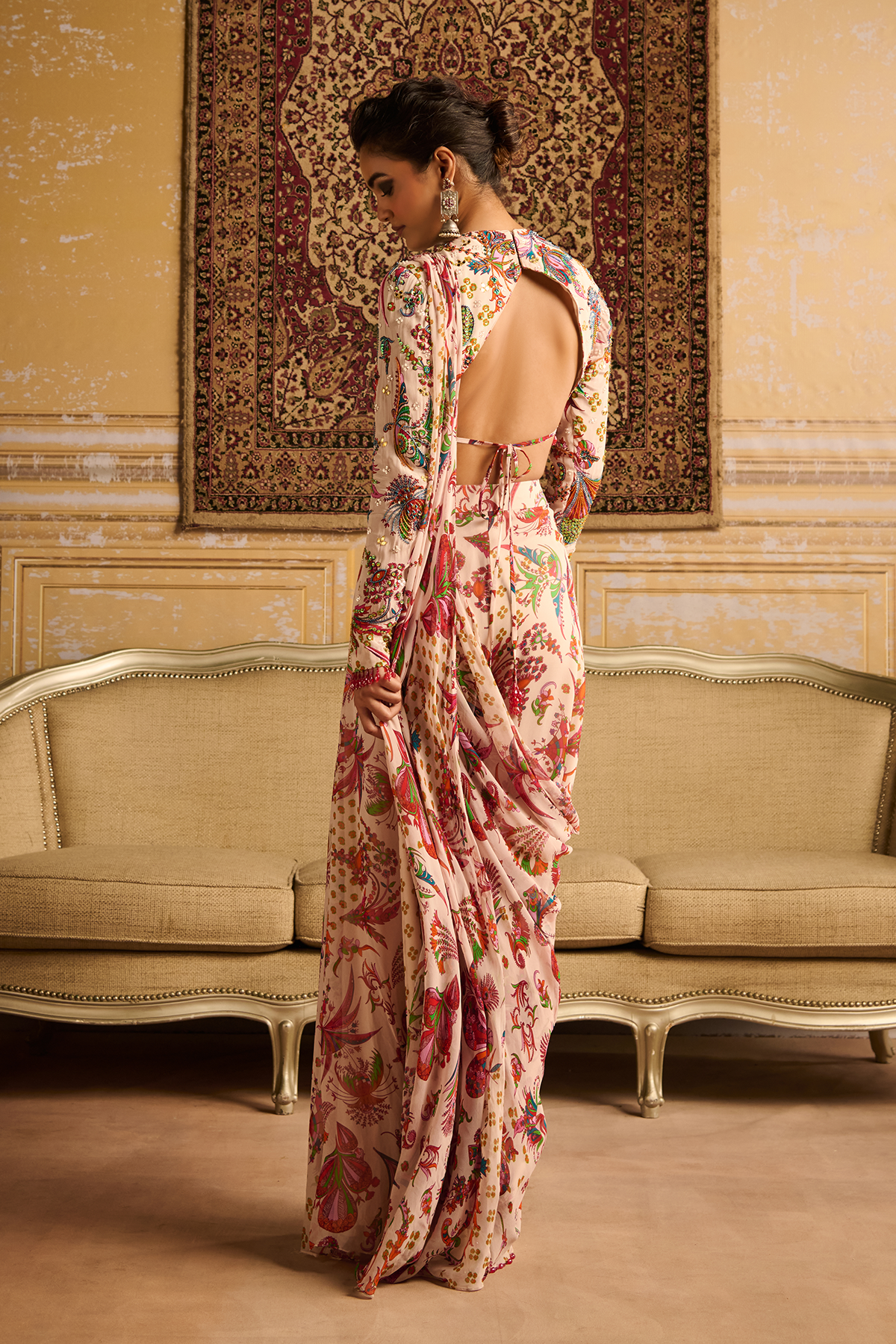 Red print embroidered blouse and saree set