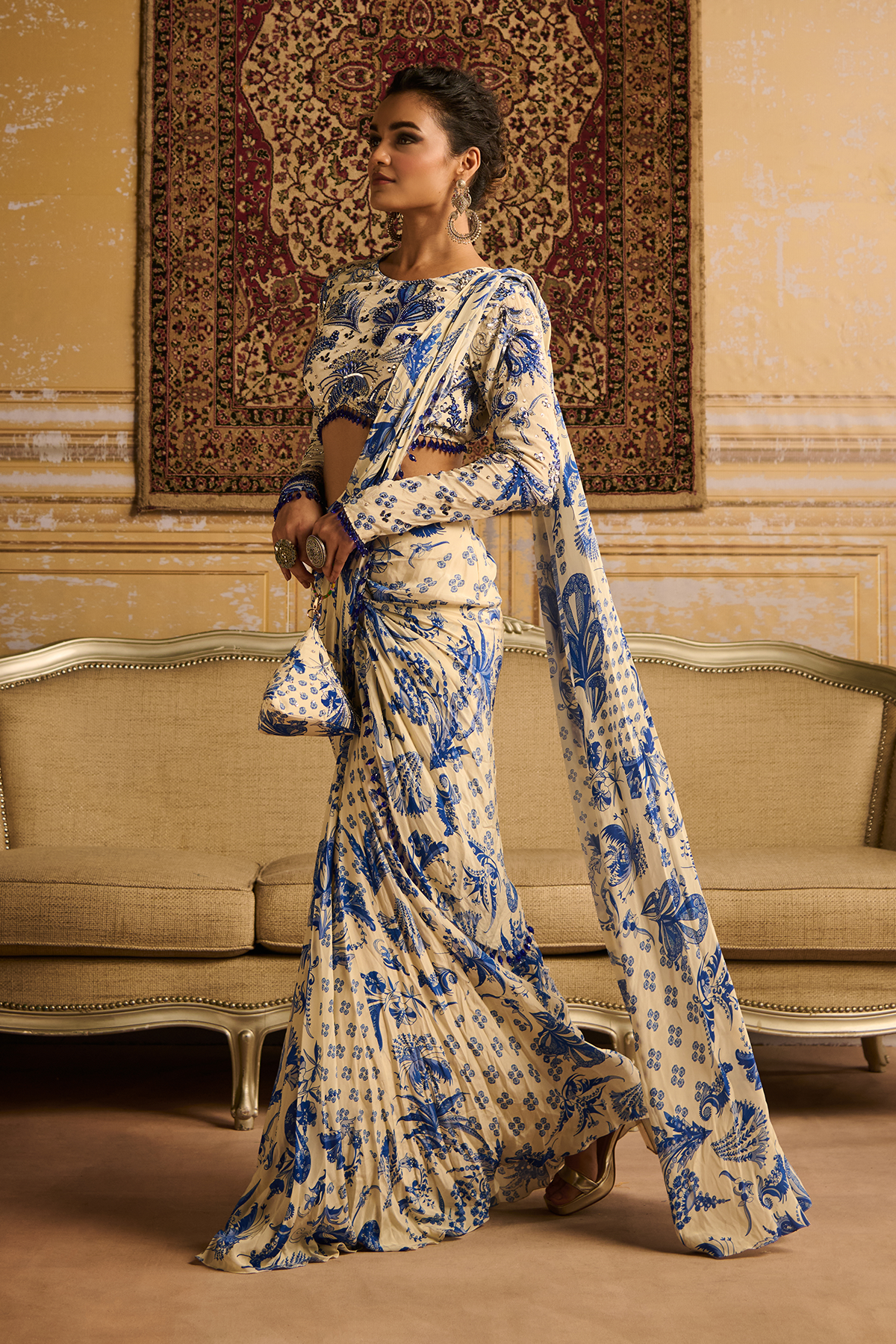 Blue highlighted blouse and  dhoti saree set