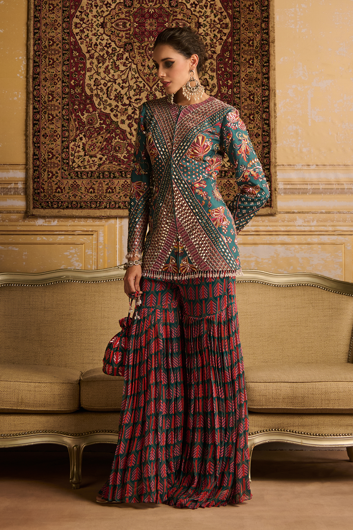 Teal highlighted jacket and  Gharara pants