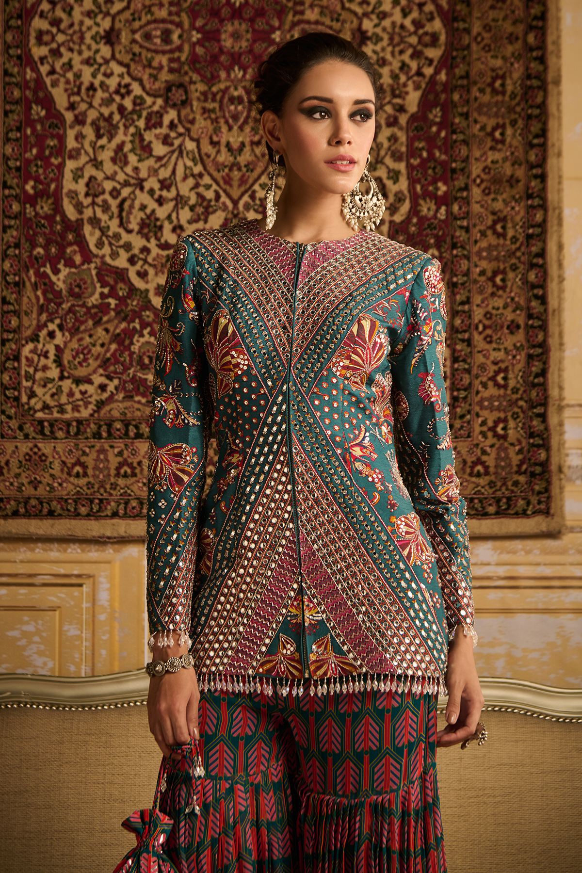 Teal highlighted jacket and  Gharara pants