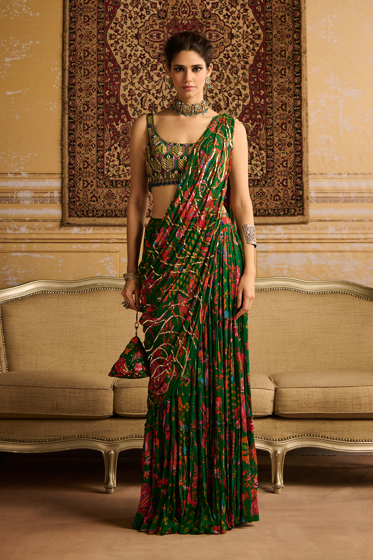 Dark Green highlight blouse and highlighted tiered skirt saree set