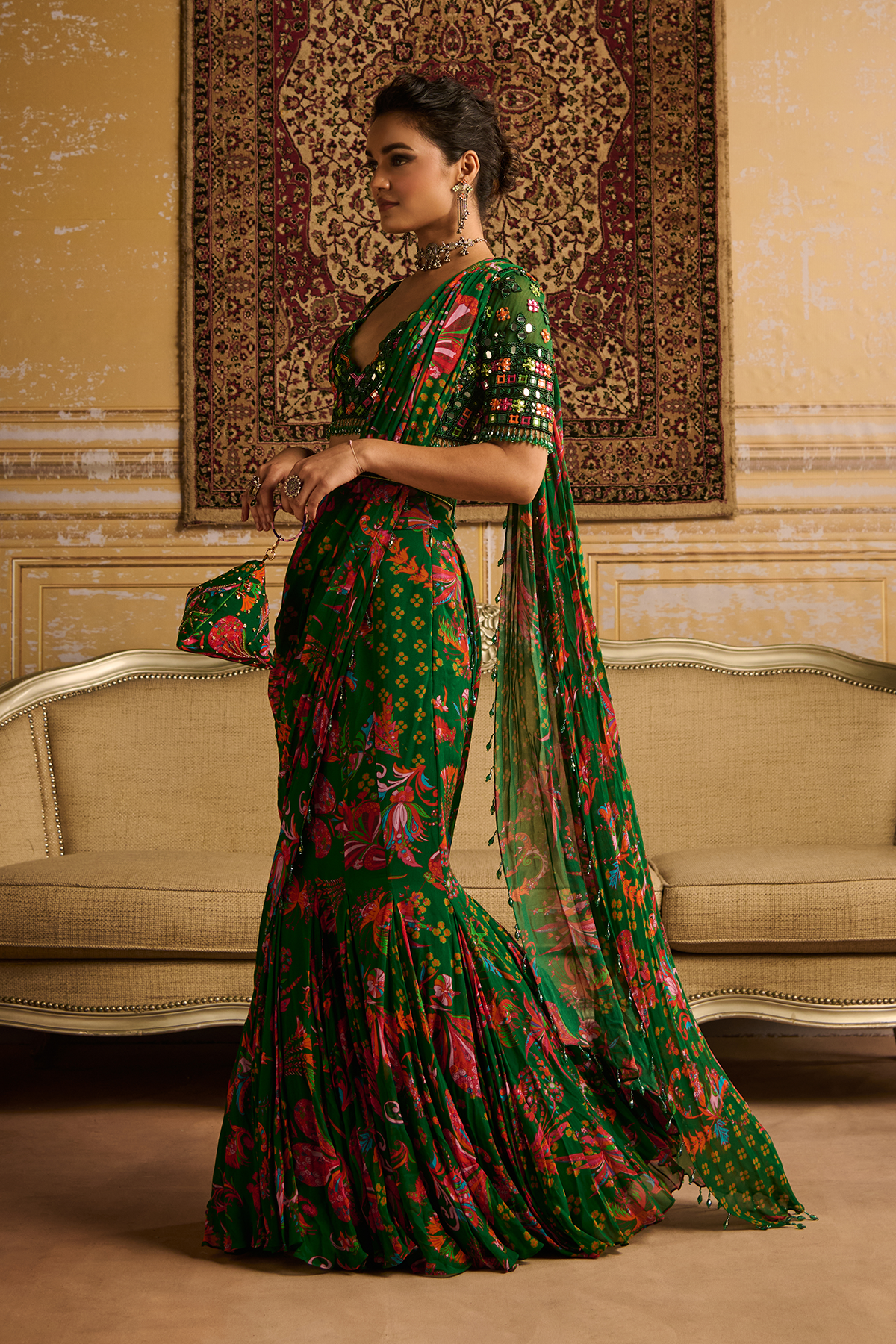 Dark Green embroidered blouse and Mermaid saree set