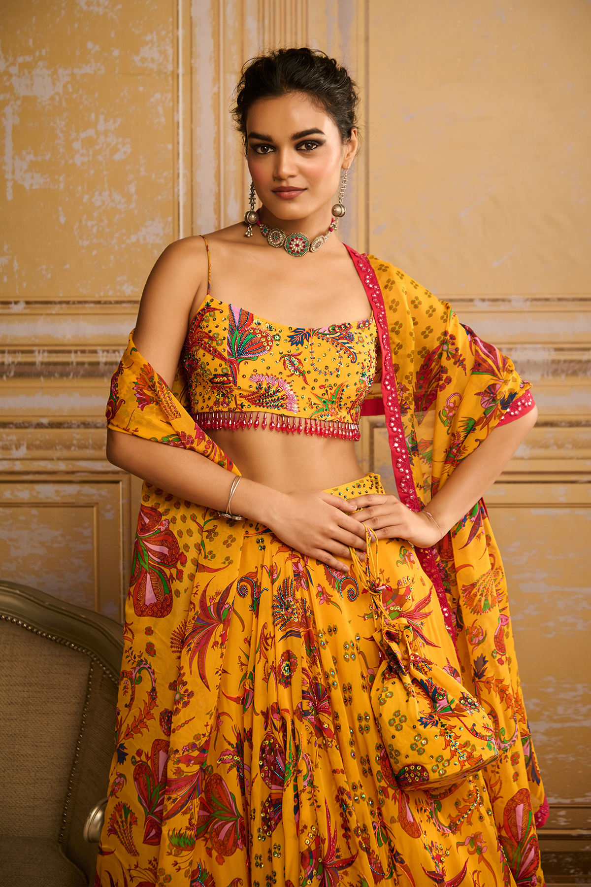 Yellow highlighted blouse and  highlighted lehenga set