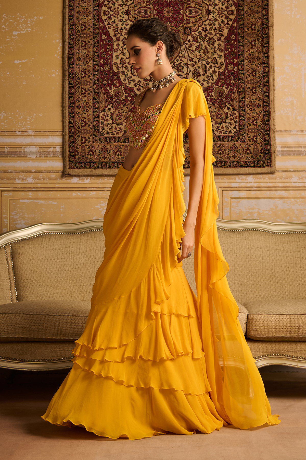 Yellow embroidered blouse and  skirt saree set