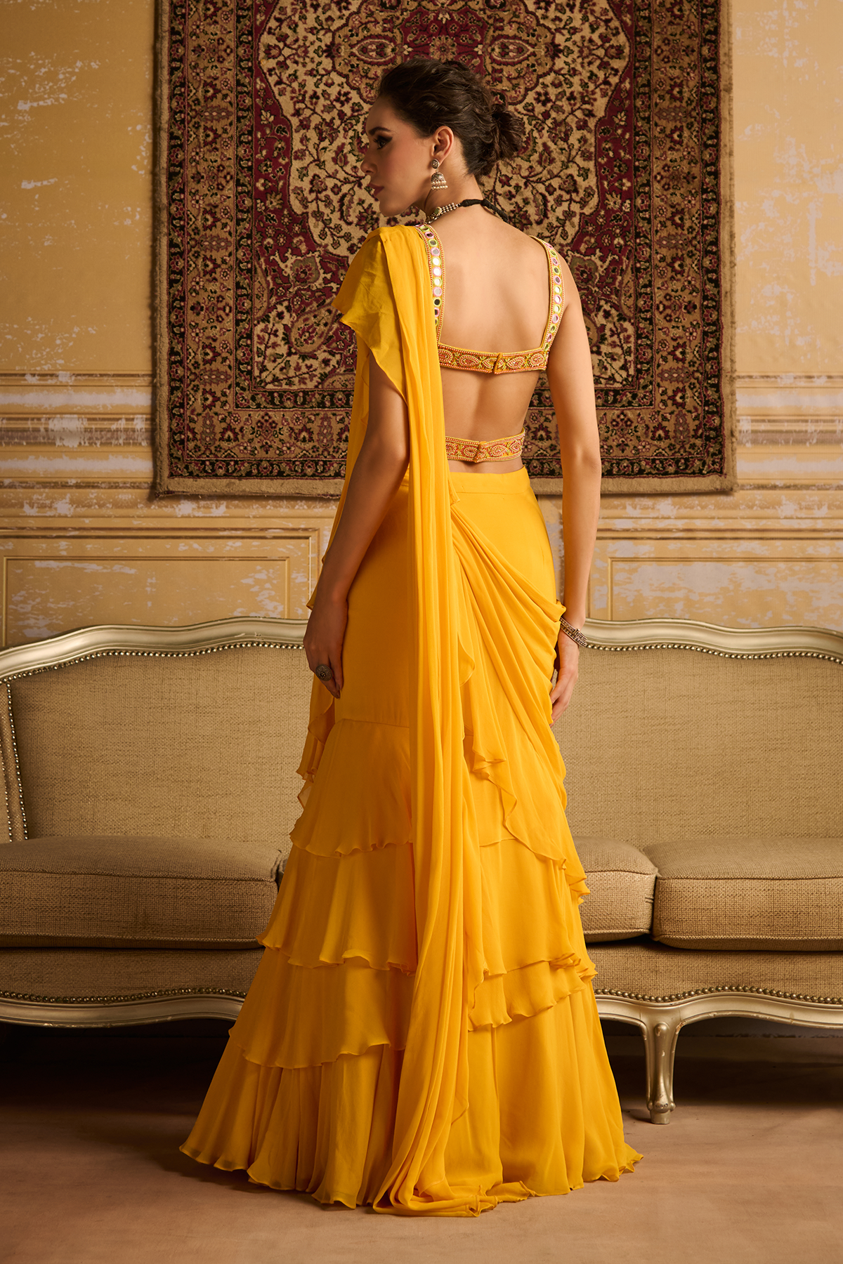 Yellow embroidered blouse and  skirt saree set