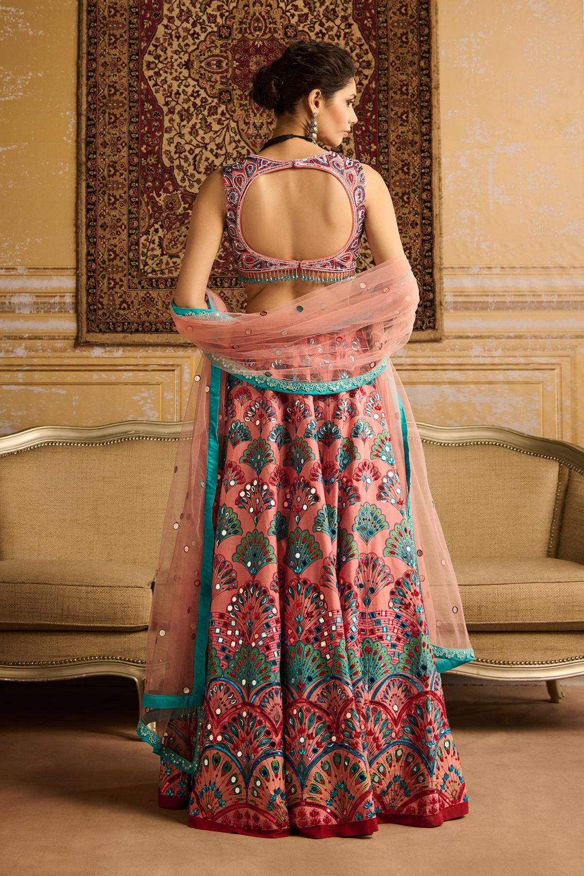 Peach embroidered blouse and Lehenga set