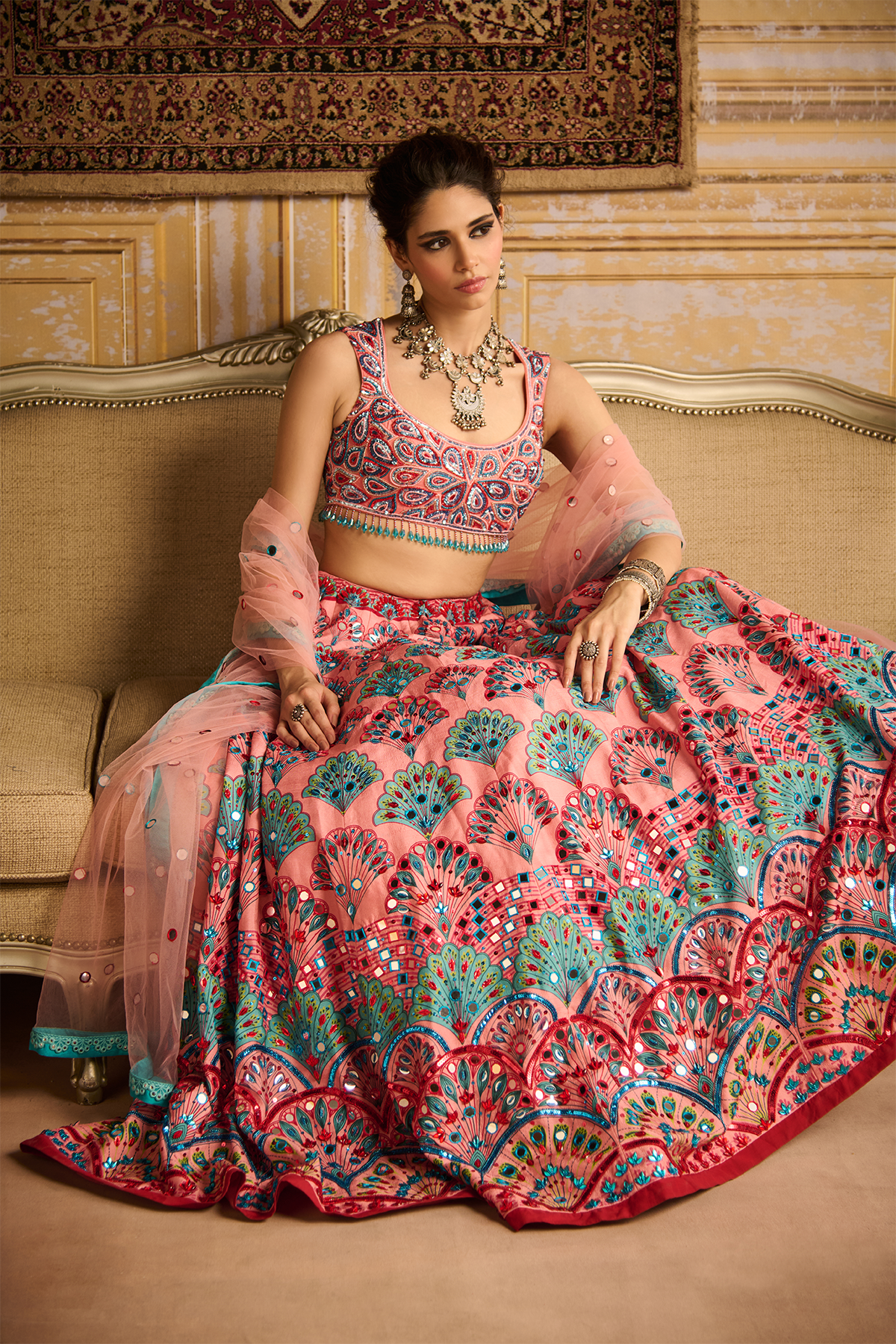 Peach embroidered blouse and Lehenga set