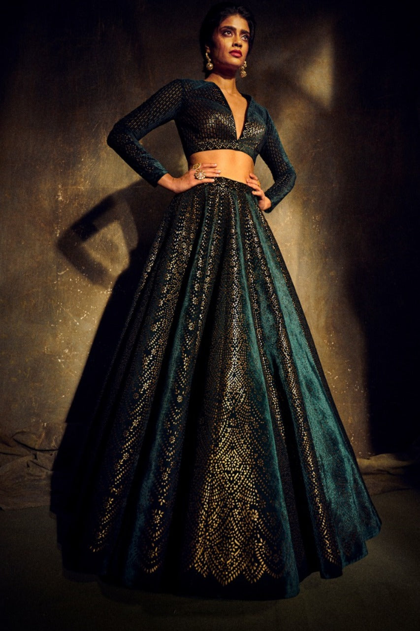 Bottle Green Velvet Lehenga Set