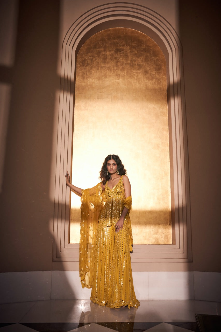 Mustard Yellow Mirror Work Sharara Set