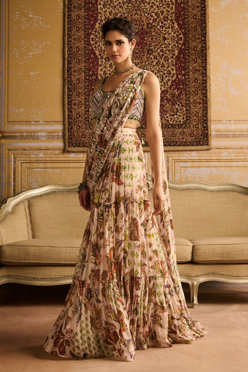 Green print & embroidered skirt saree set