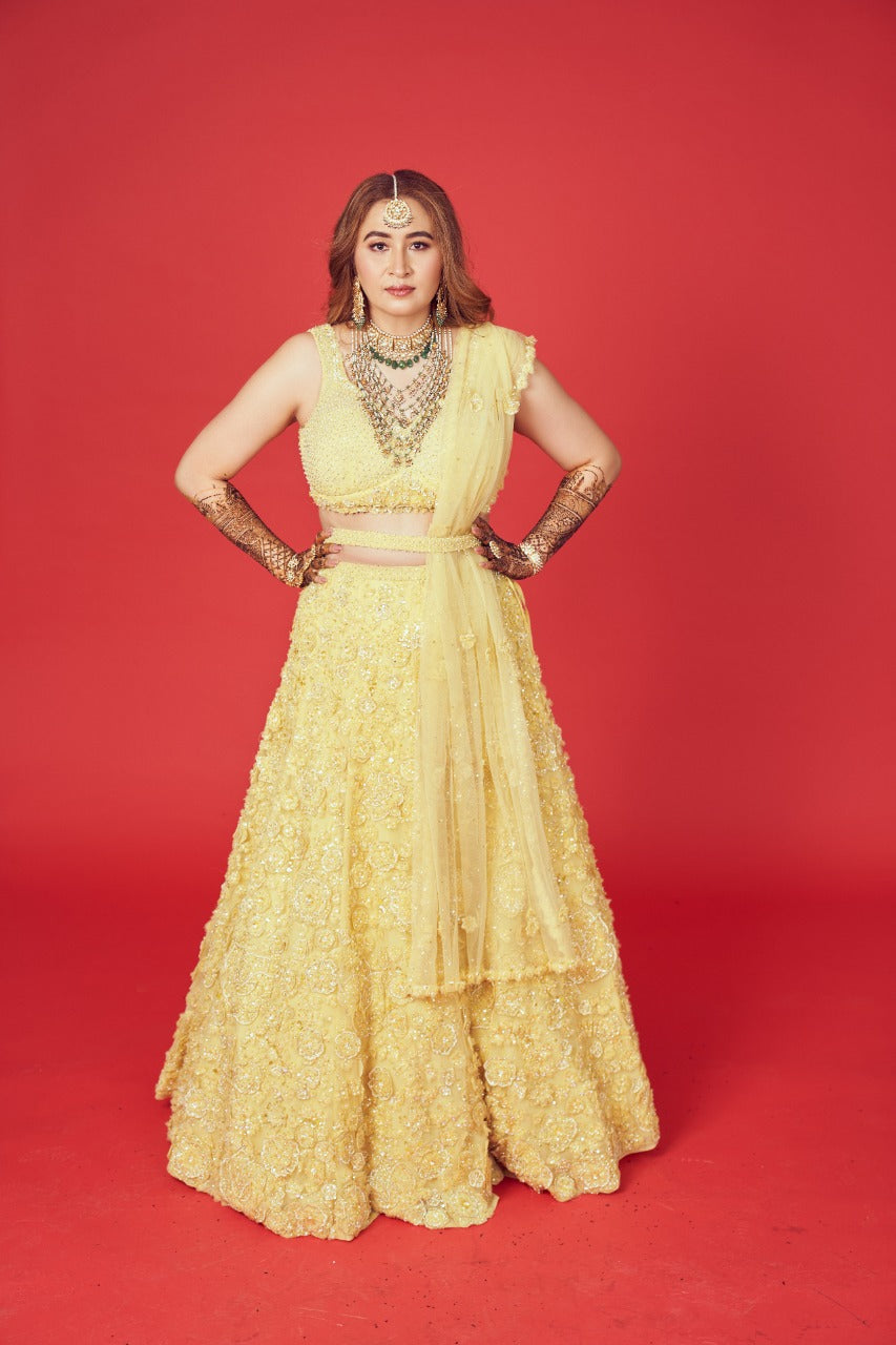 Jwala Gutta In Three-Dimensional Yellow Floral Lehenga Set