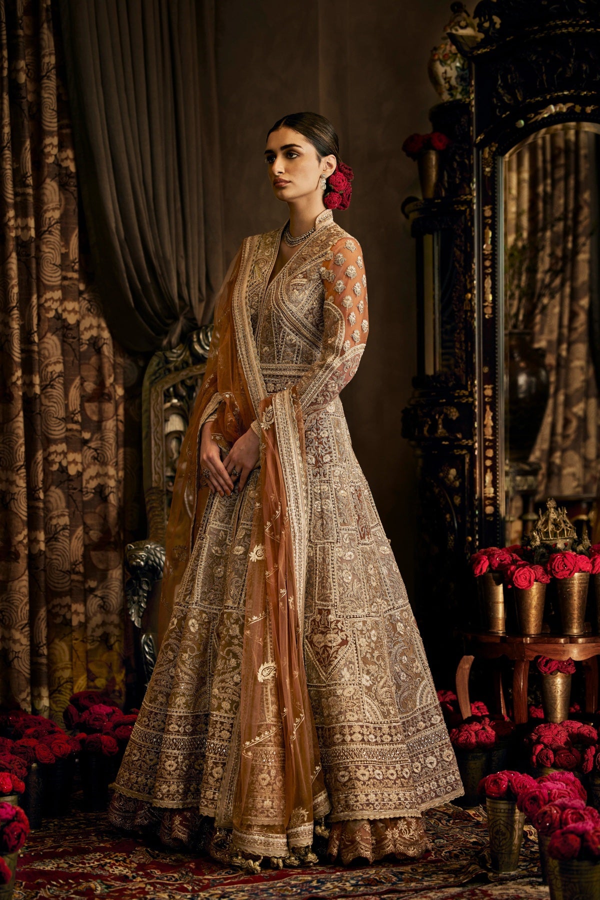 A beige Tulle Kalidar Jacket Skirt
