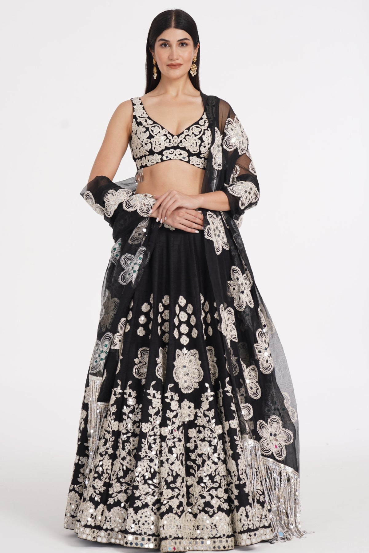 Jet black lehenga set embellished using ivory details