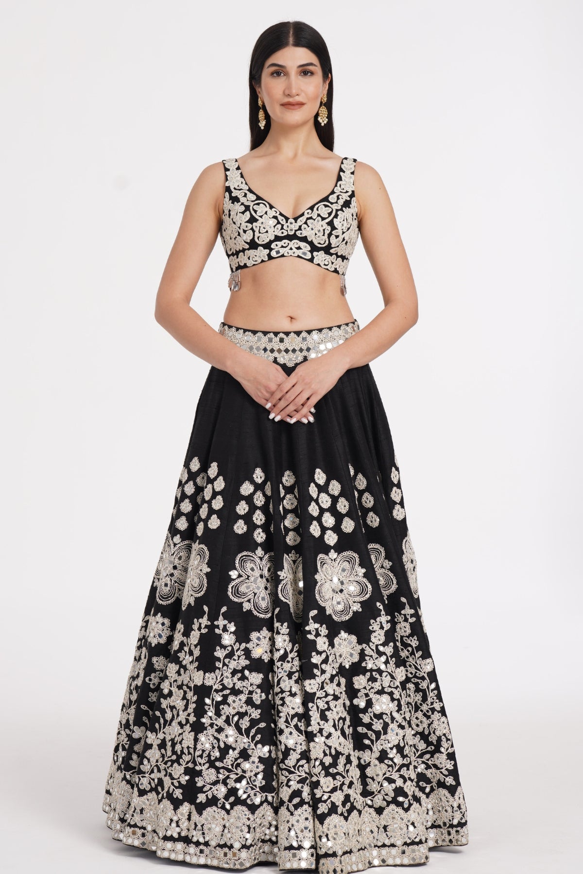 Jet black lehenga set embellished using ivory details