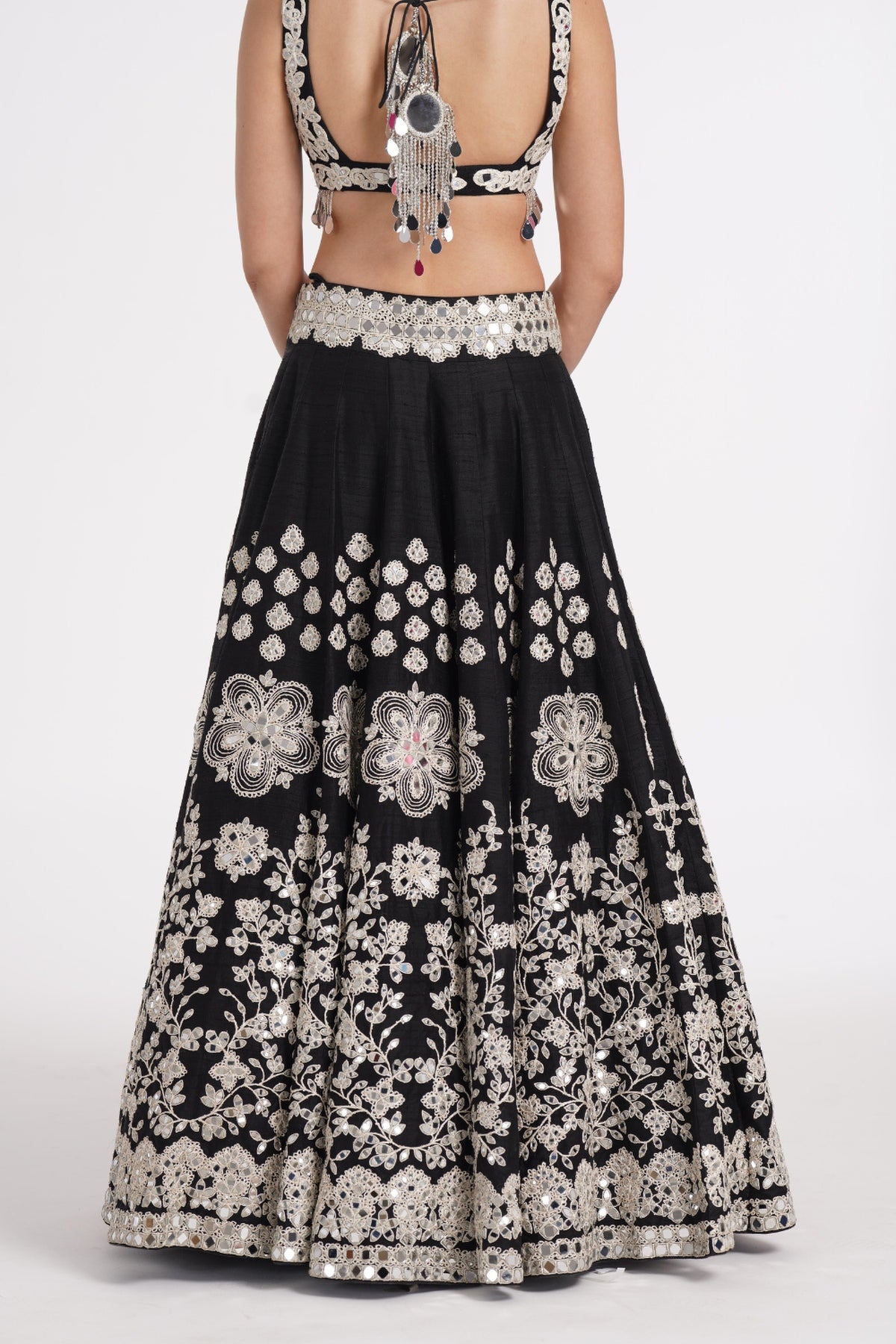 Jet black lehenga set embellished using ivory details