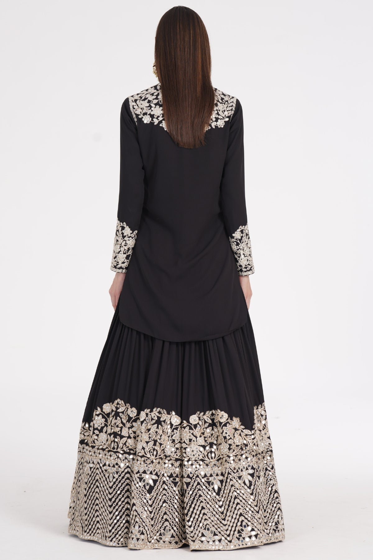 Carbon black kurti skirt embellished using ivory trims