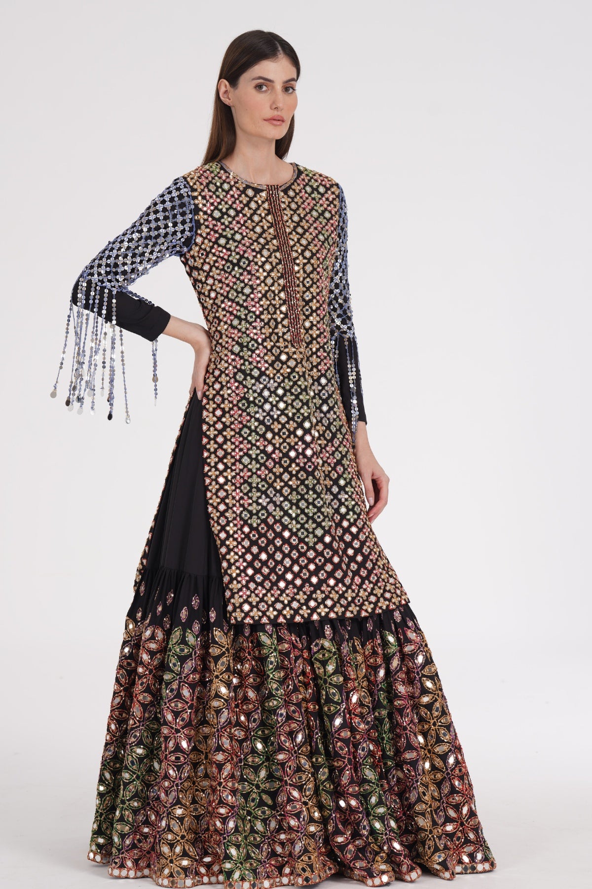 Matte black kurta skirt set embroidered using warm Pastels