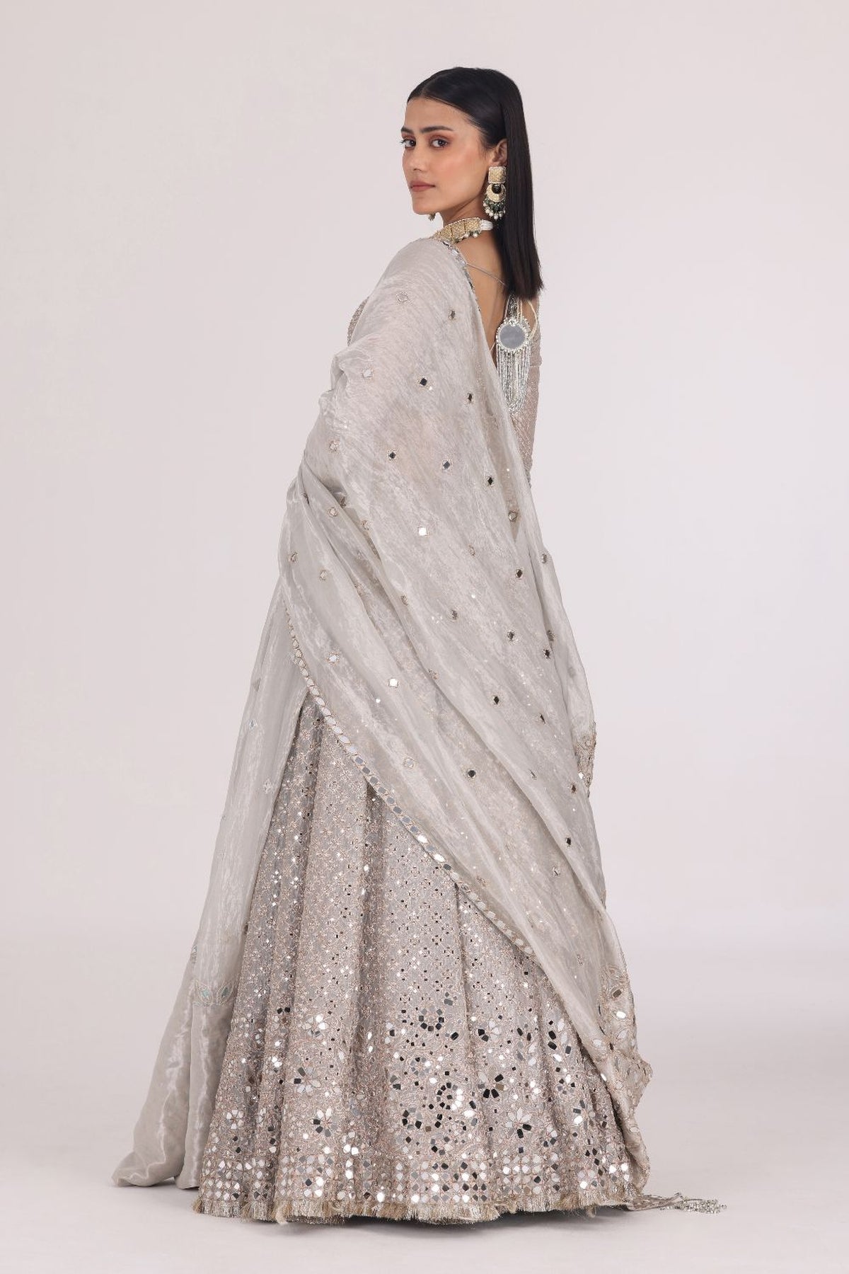 SILVER TISSUE PATTERN EMBELLISHED LEHENGA SET