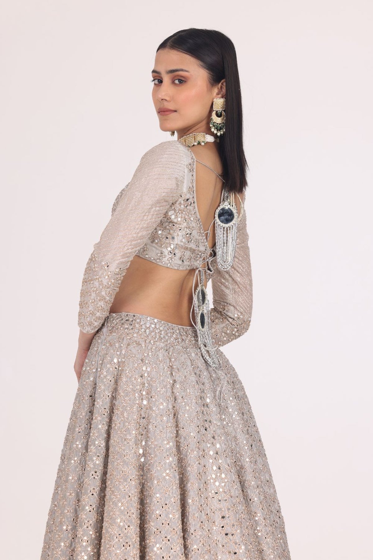 SILVER TISSUE PATTERN EMBELLISHED LEHENGA SET