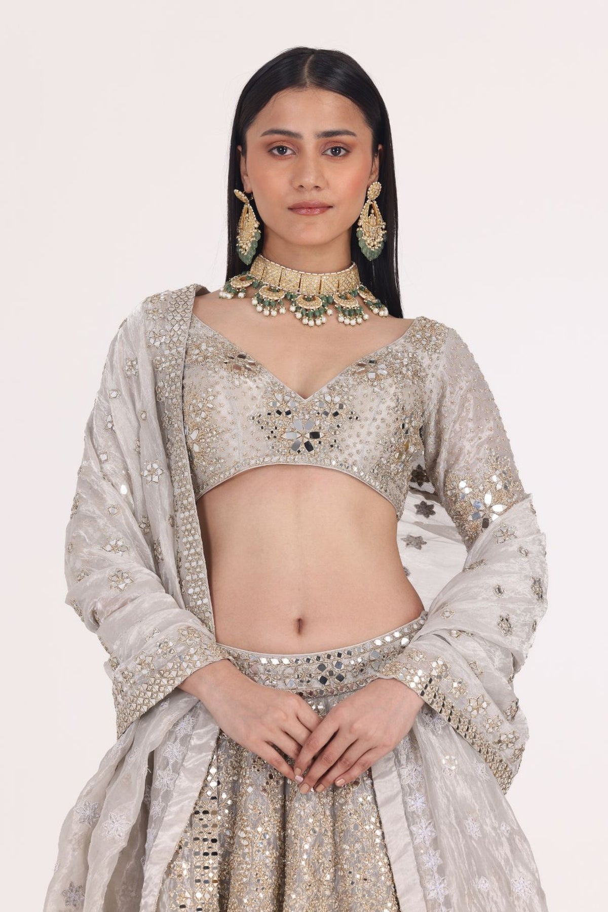 SILVER TISSUE EMBELLISHED LEHENGA SET