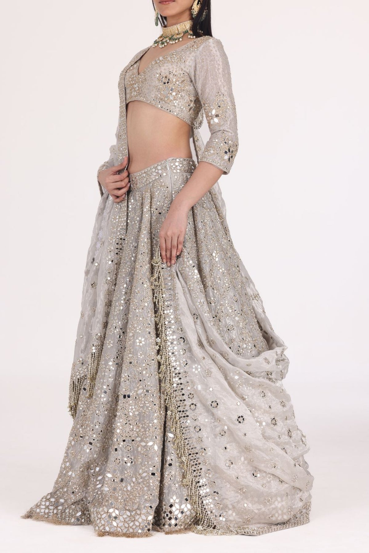 SILVER TISSUE EMBELLISHED LEHENGA SET