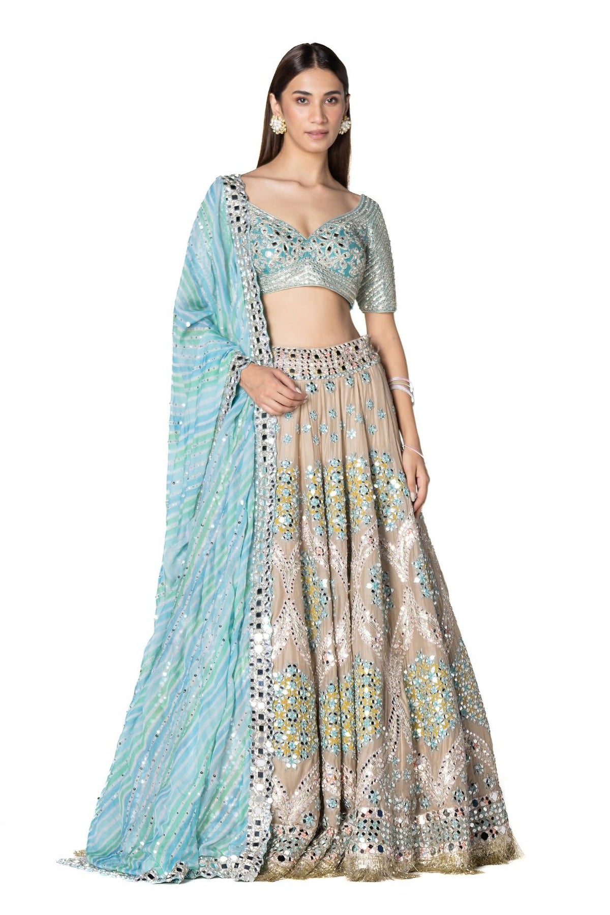 Evening Grey Geometric Pattern Lehenga With Chiffon Duppata