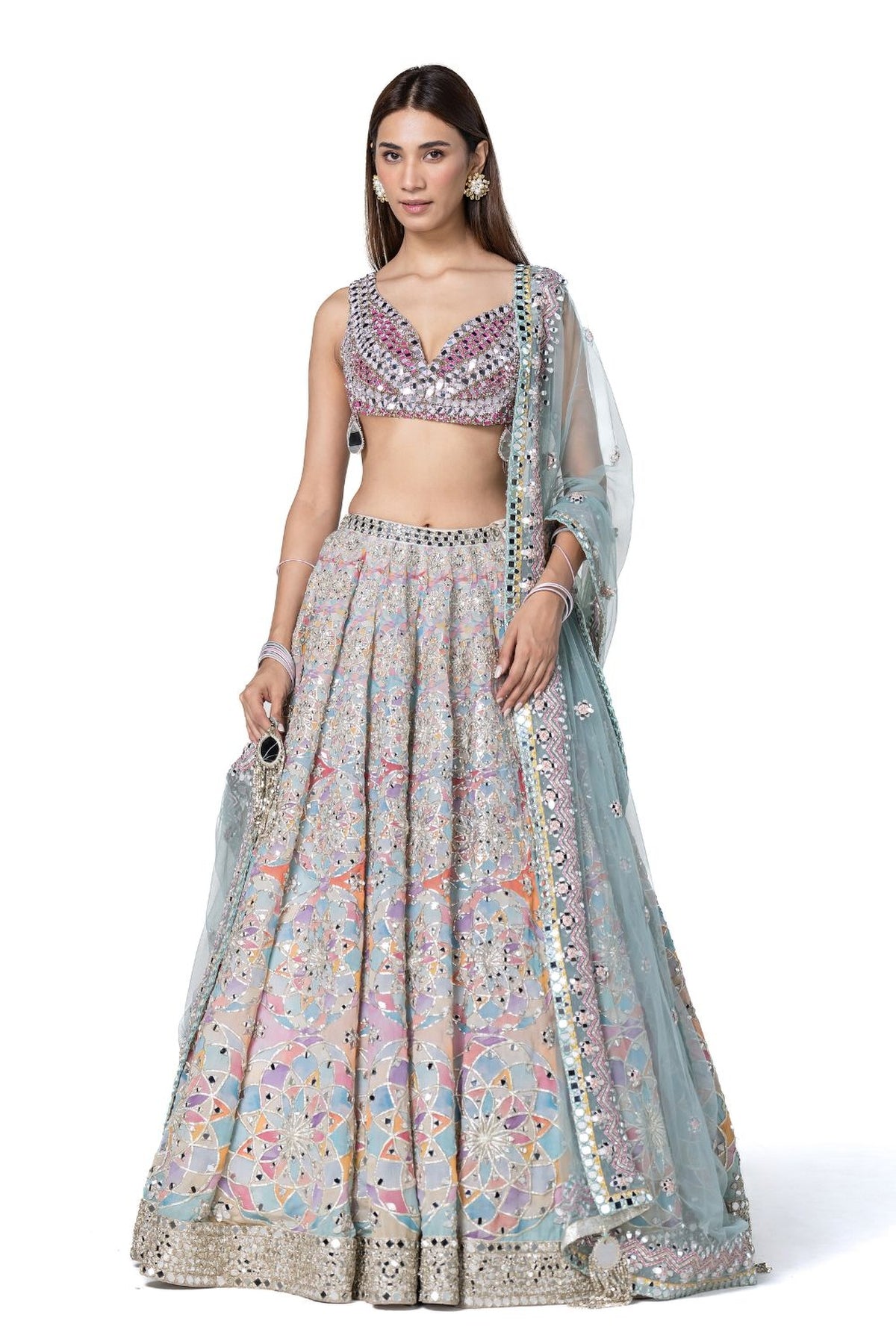 Hand Embroidered Blouse With Pastel Shade Printed Lehenga