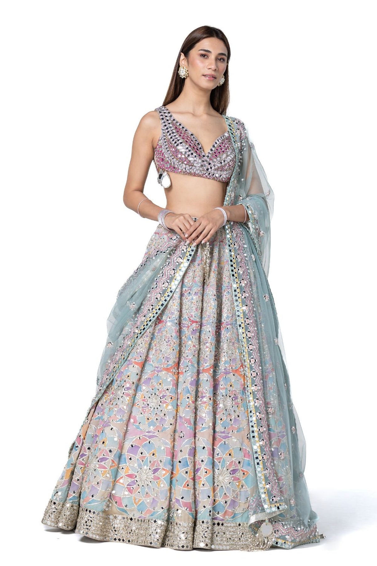 Hand Embroidered Blouse With Pastel Shade Printed Lehenga