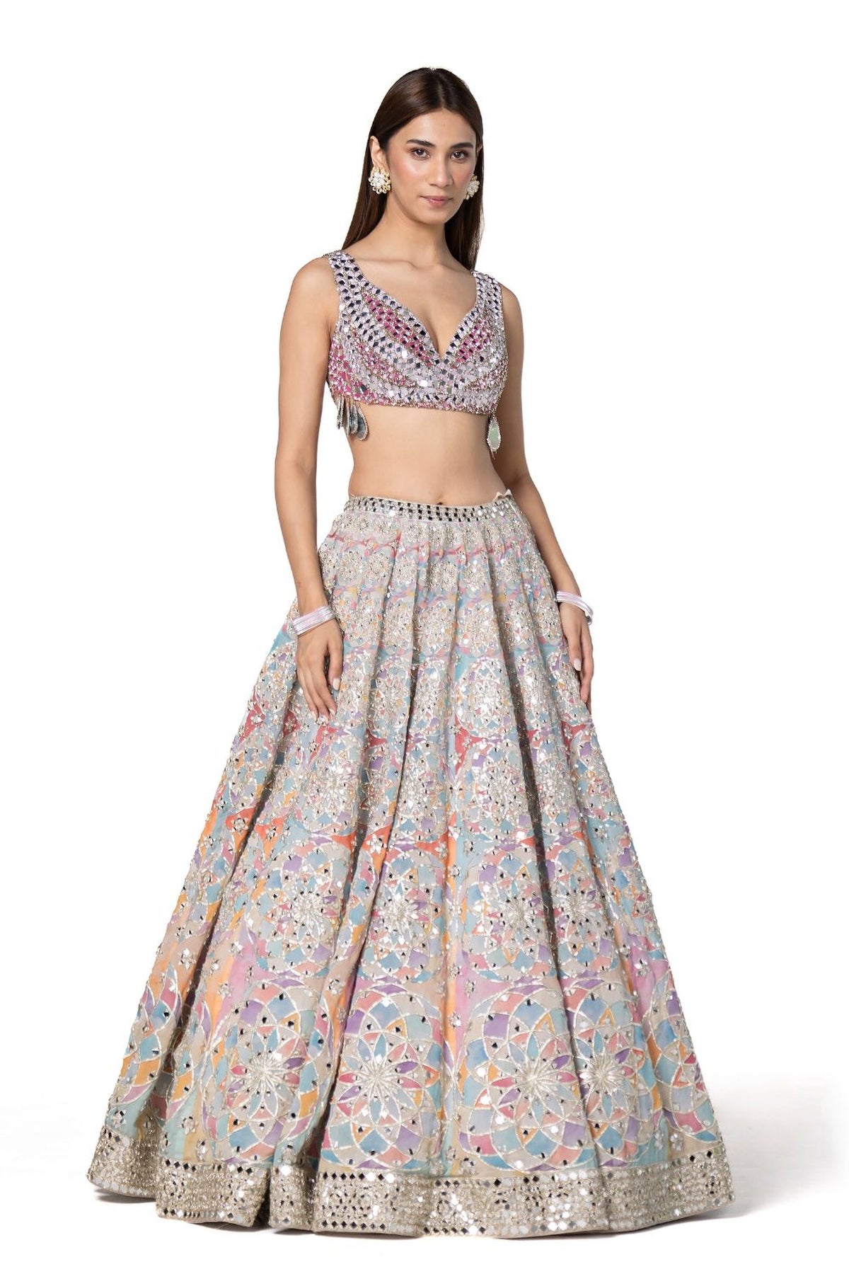 Hand Embroidered Blouse With Pastel Shade Printed Lehenga