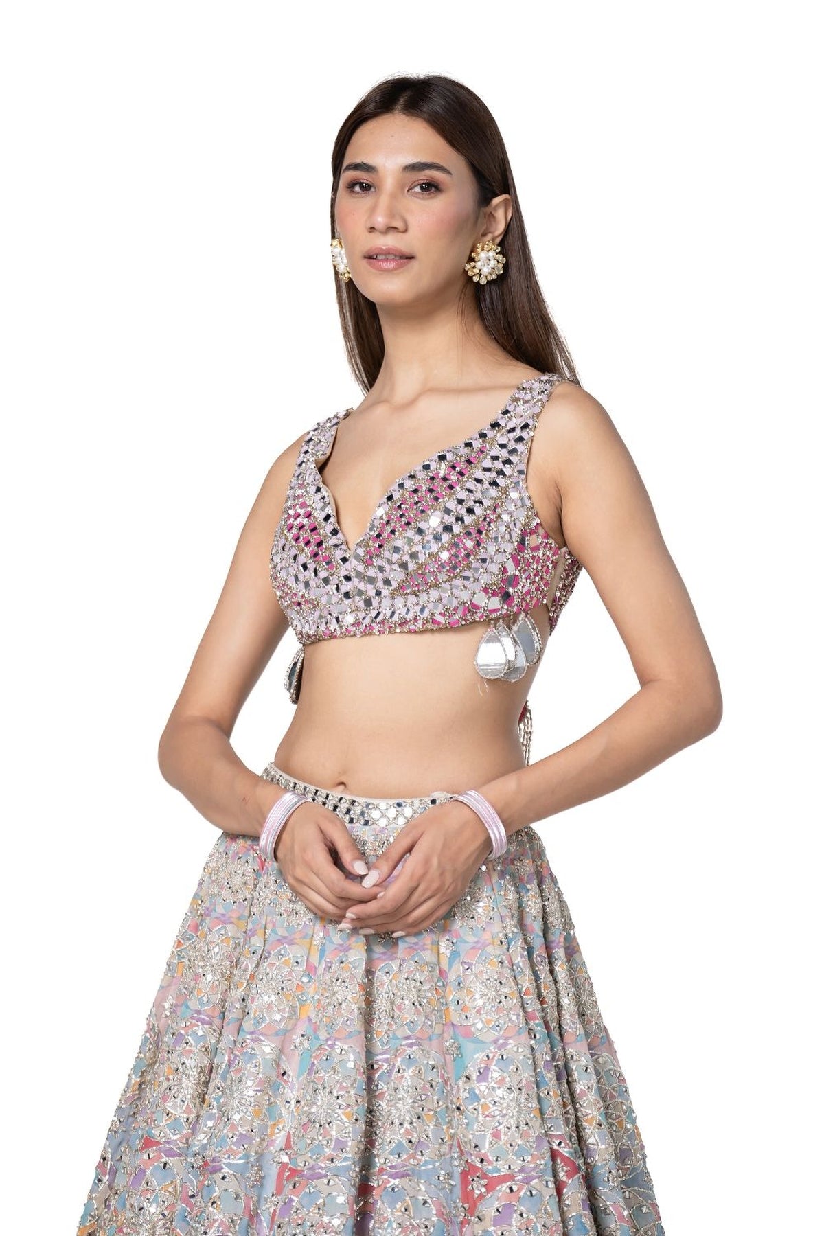 Hand Embroidered Blouse With Pastel Shade Printed Lehenga