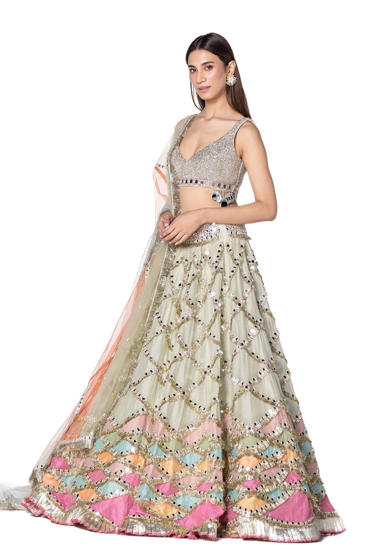 Hand Embroidered Blouse With Multicolour Patch Work Lehenga