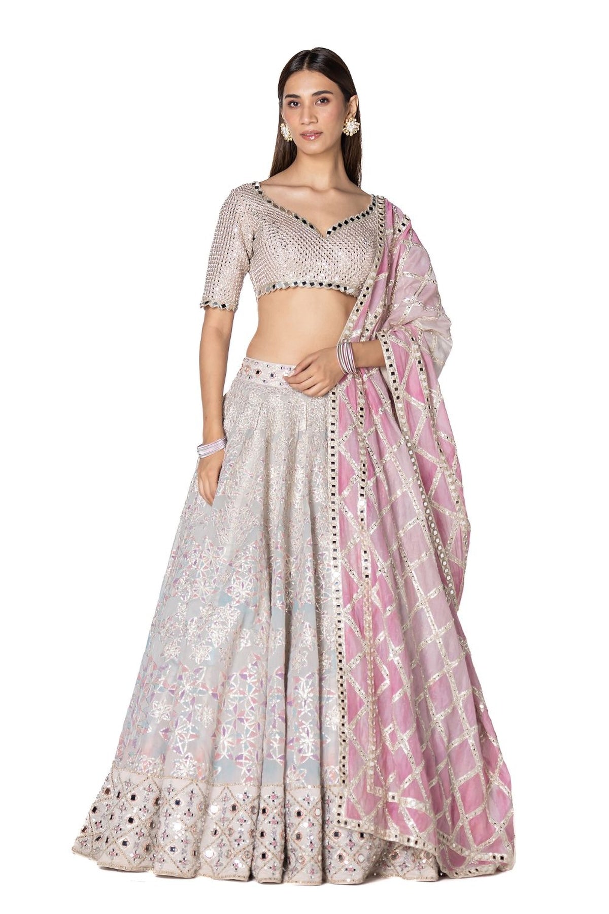 Gotta Mirror Embellished Blouse With Printed Gotta Skirt