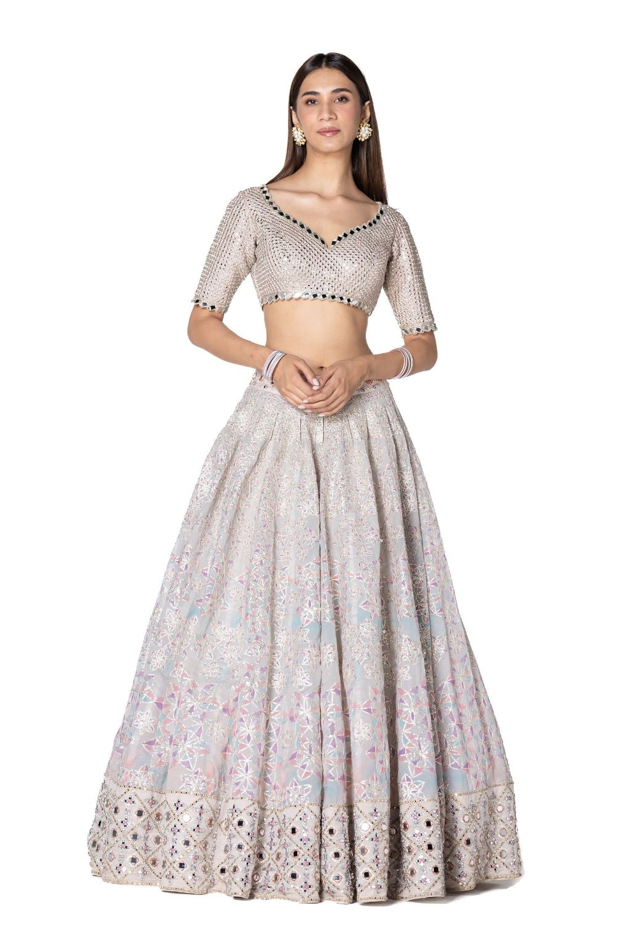 Gotta Mirror Embellished Blouse With Printed Gotta Skirt
