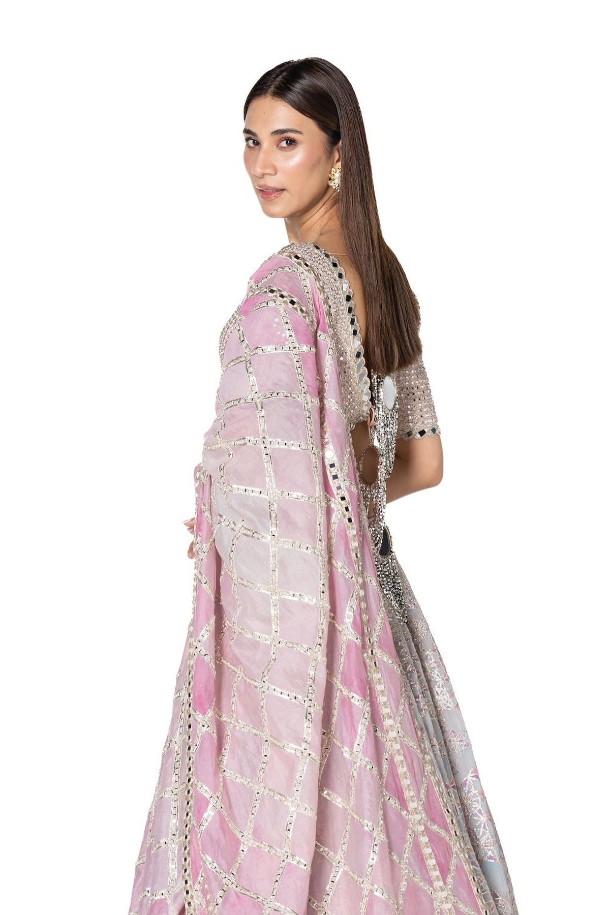 Gotta Mirror Embellished Blouse With Printed Gotta Skirt