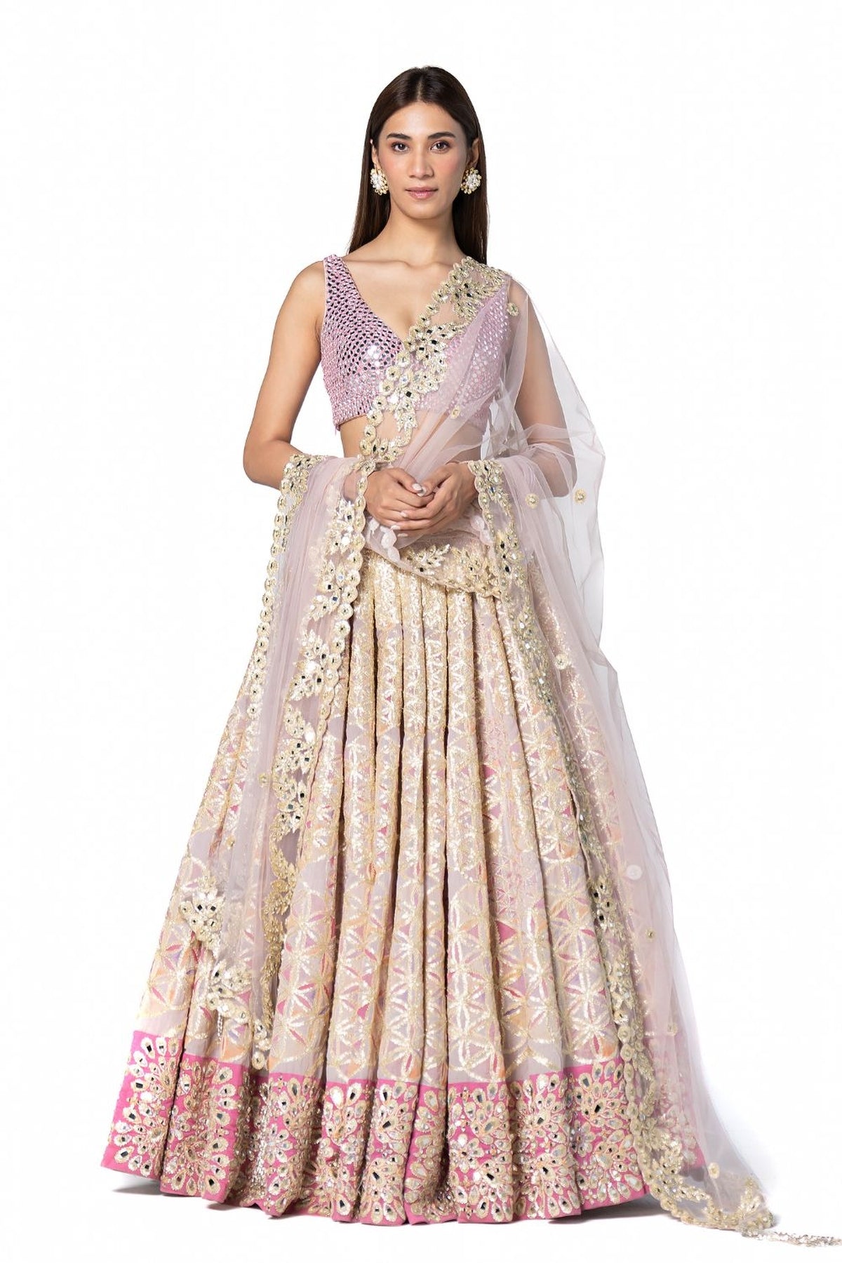 Hand Embroidered Blouse With Printed Lehenga