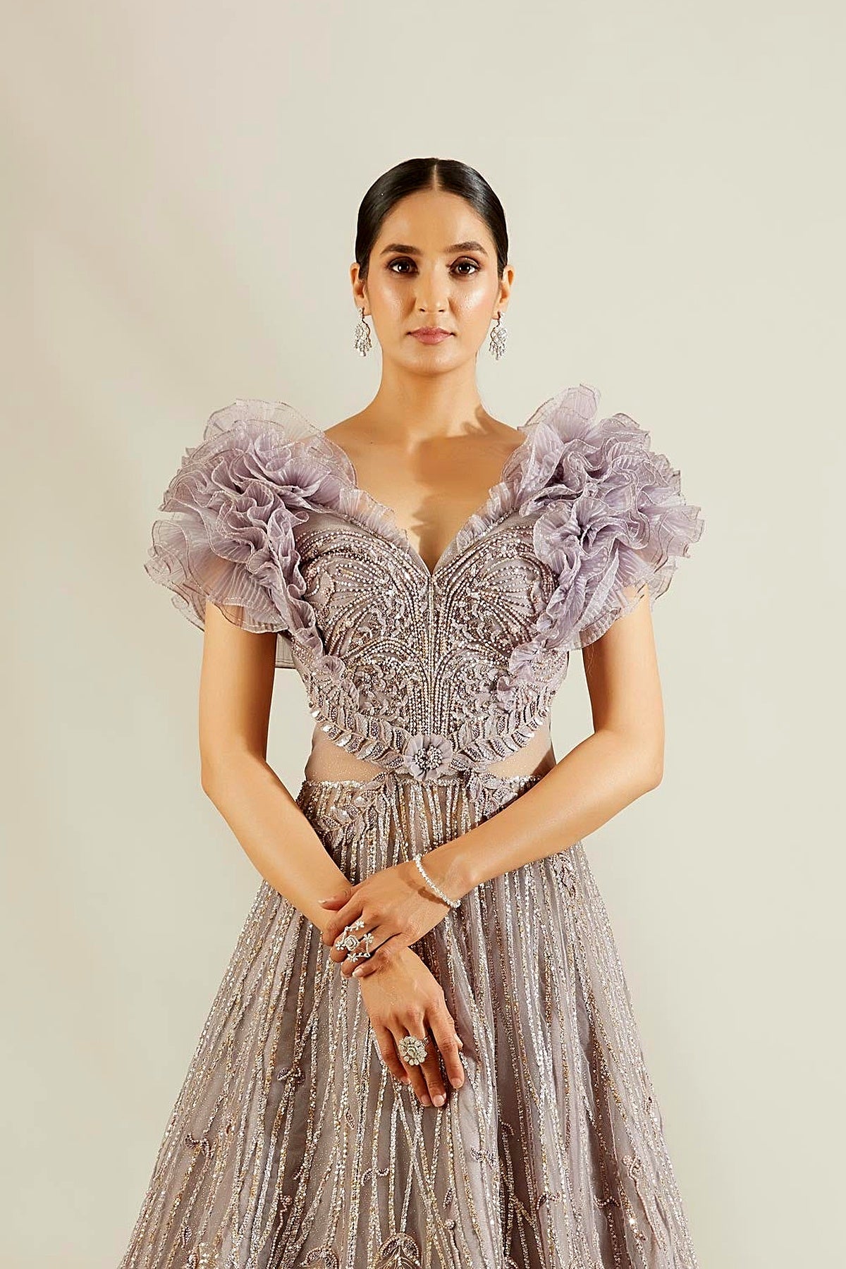 Peri Winkle leaf ruffle ball gown