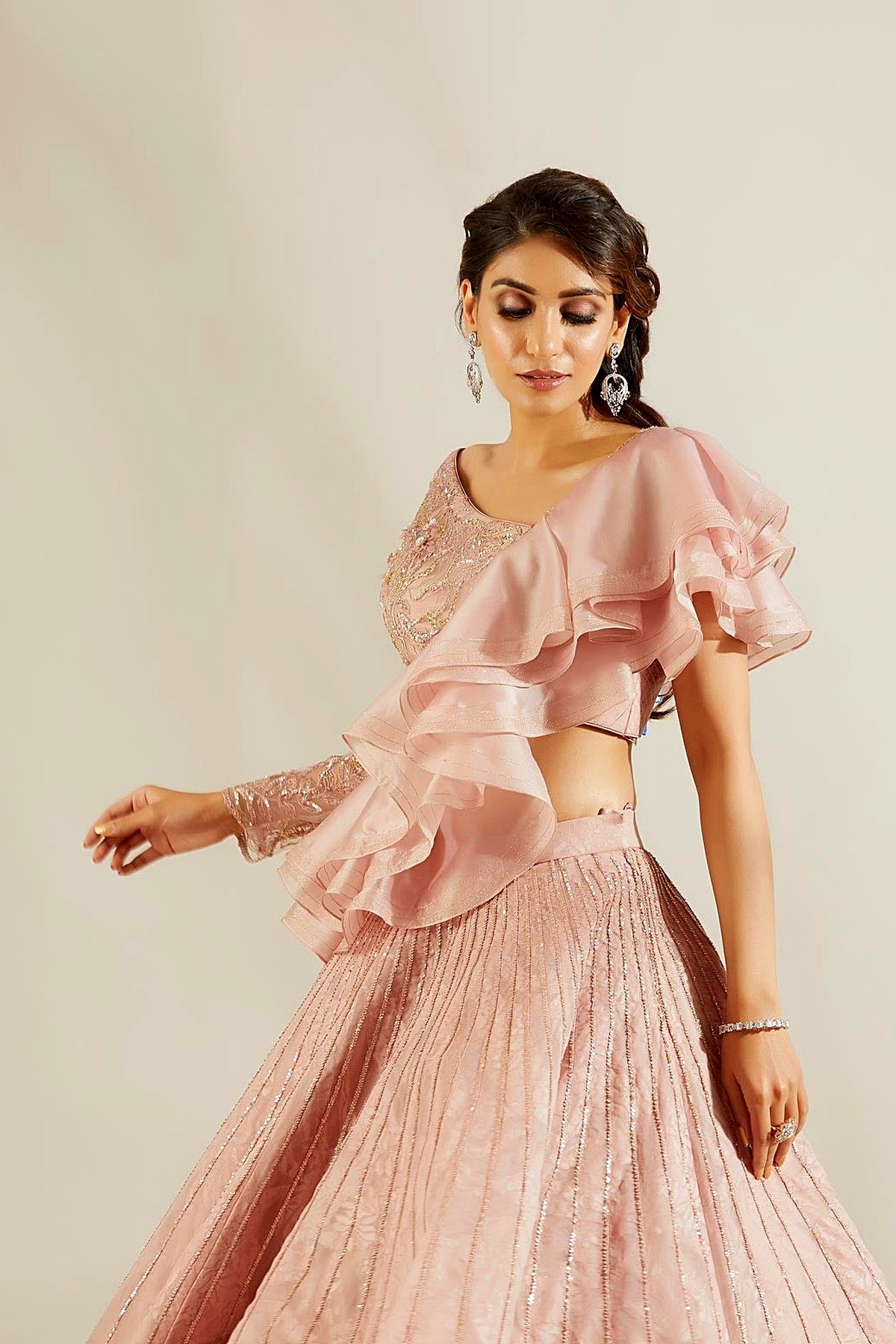 Soft Pink Ruffle Blouse with Skirt