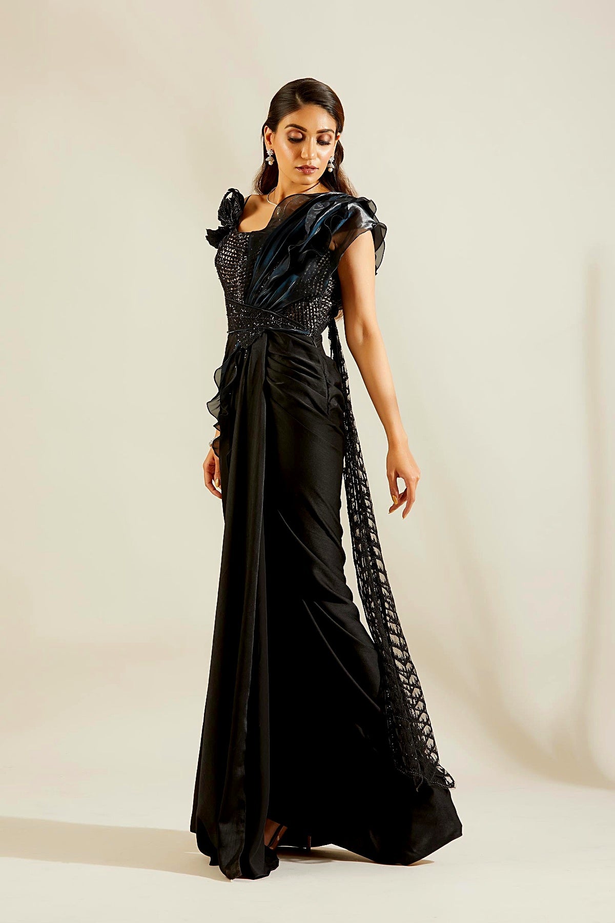 Jade Black Fril Organza Saree
