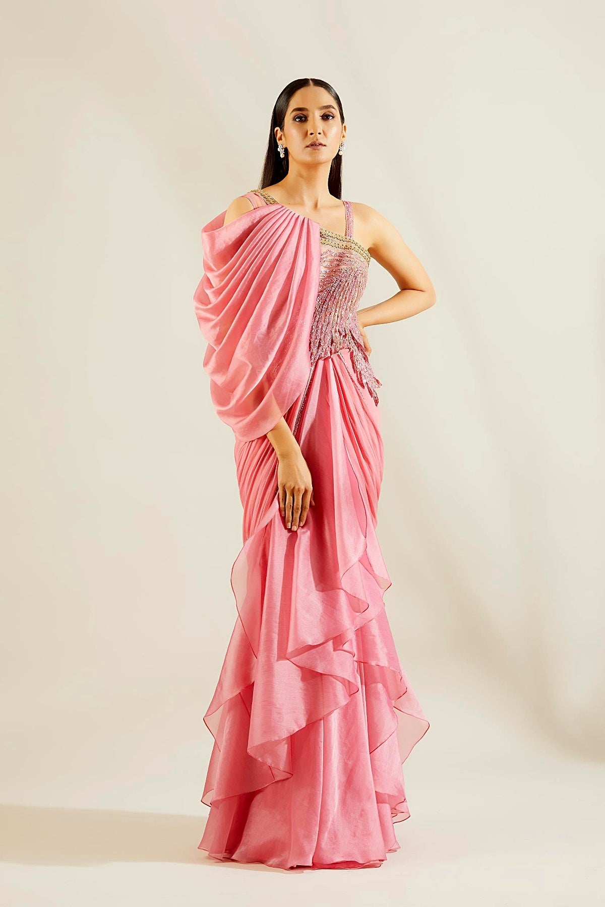 Pink Leaf Embellished Saree