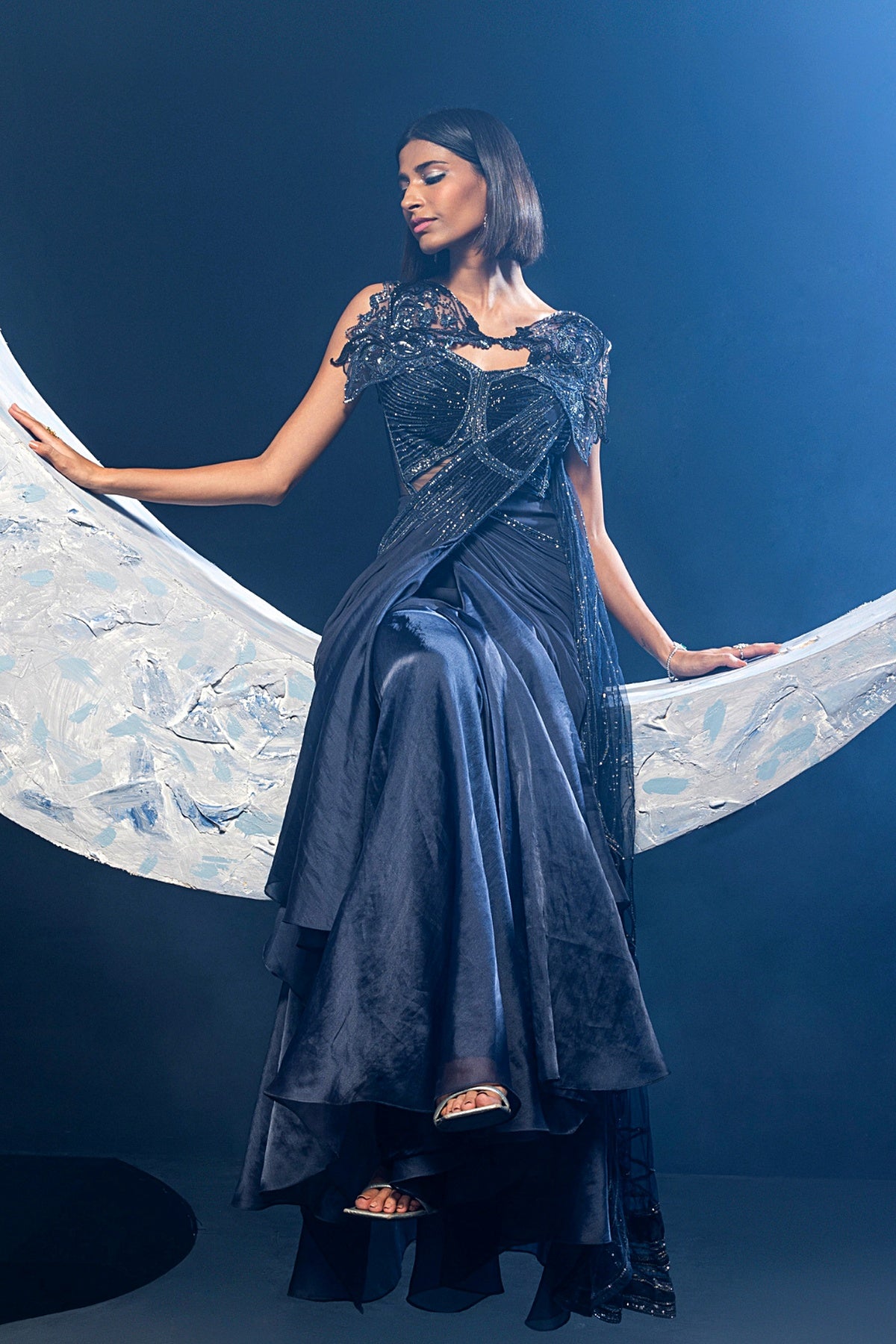 Midnight Blue Cape Saree
