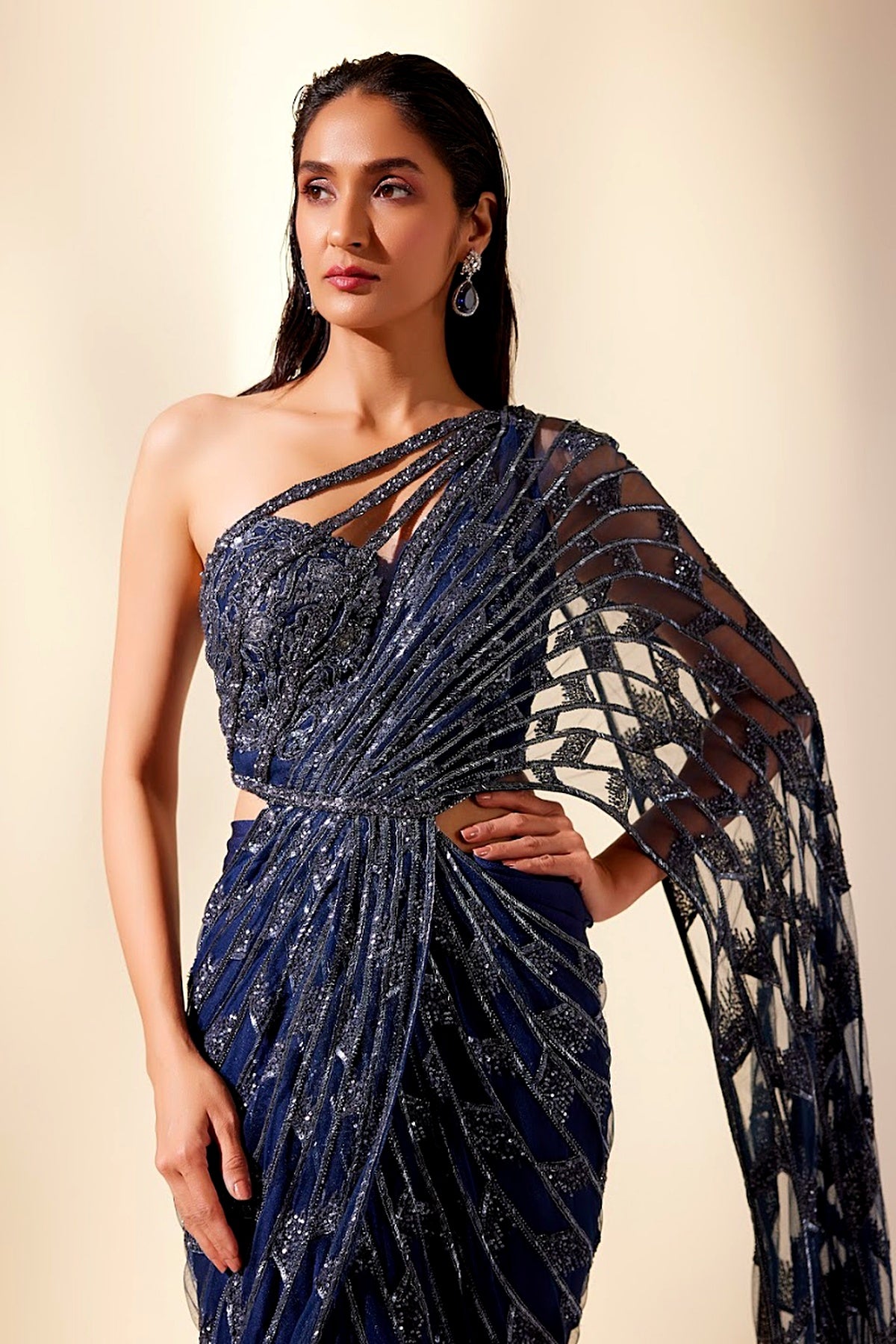 Midnight Blue Draped Drizzle Saree