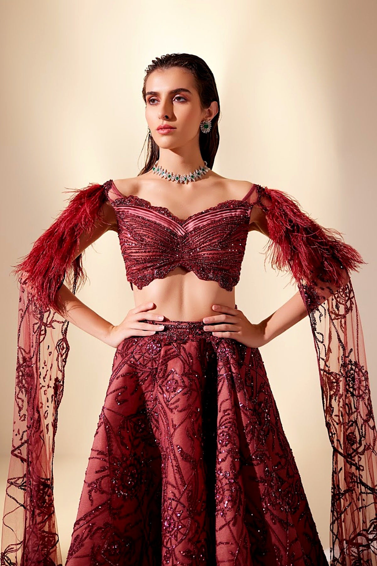 Wine Dewdrop Lehenga