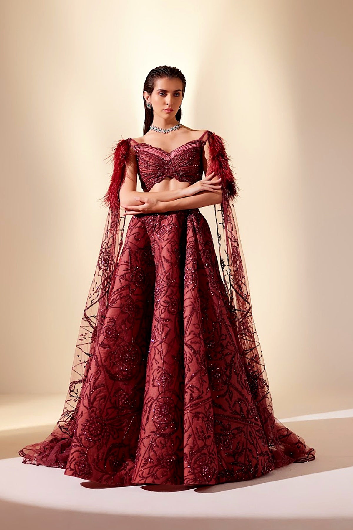 Wine Dewdrop Lehenga