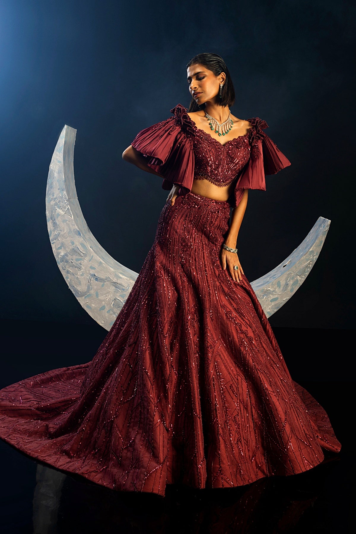 Wine Full Bloom Lehenga