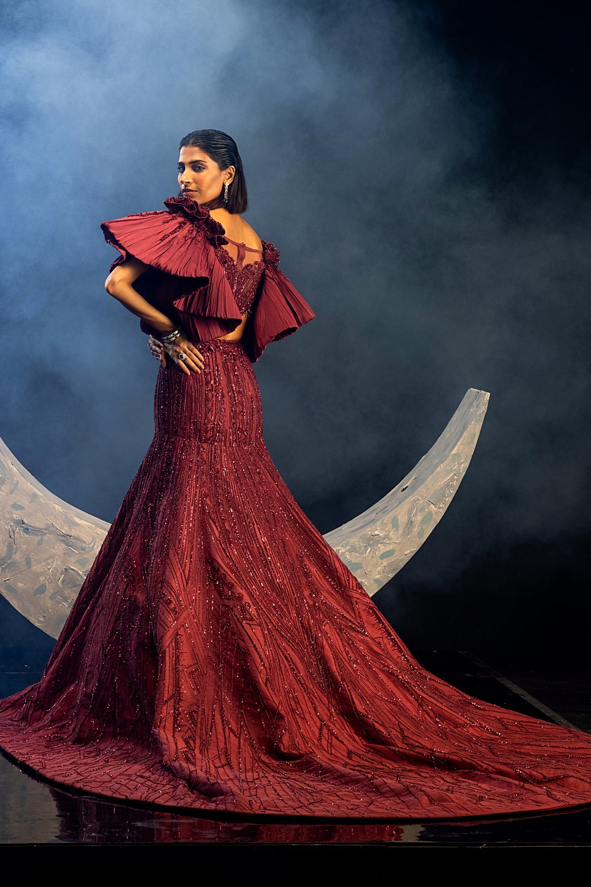 Wine Full Bloom Lehenga