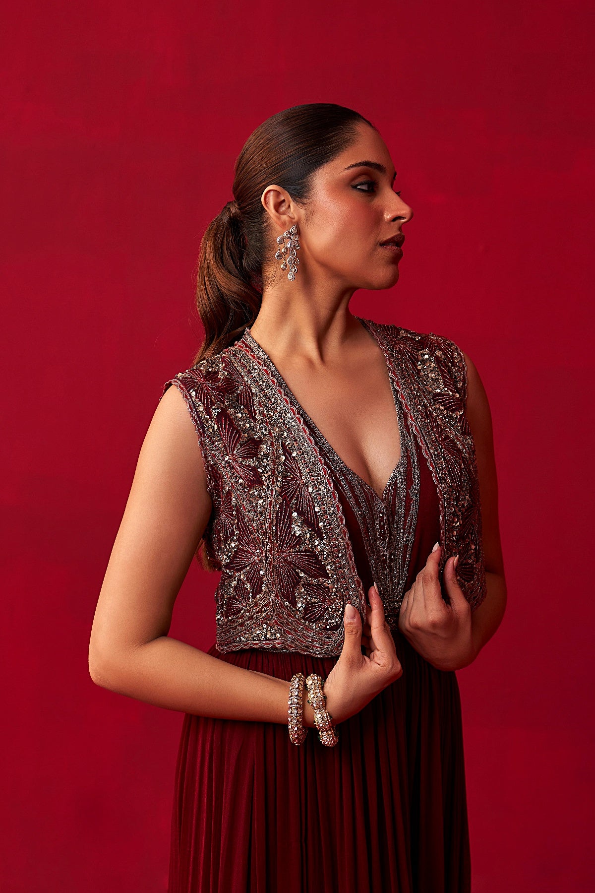 Maroon Glitch Gold Jacket Jumpsuit Set