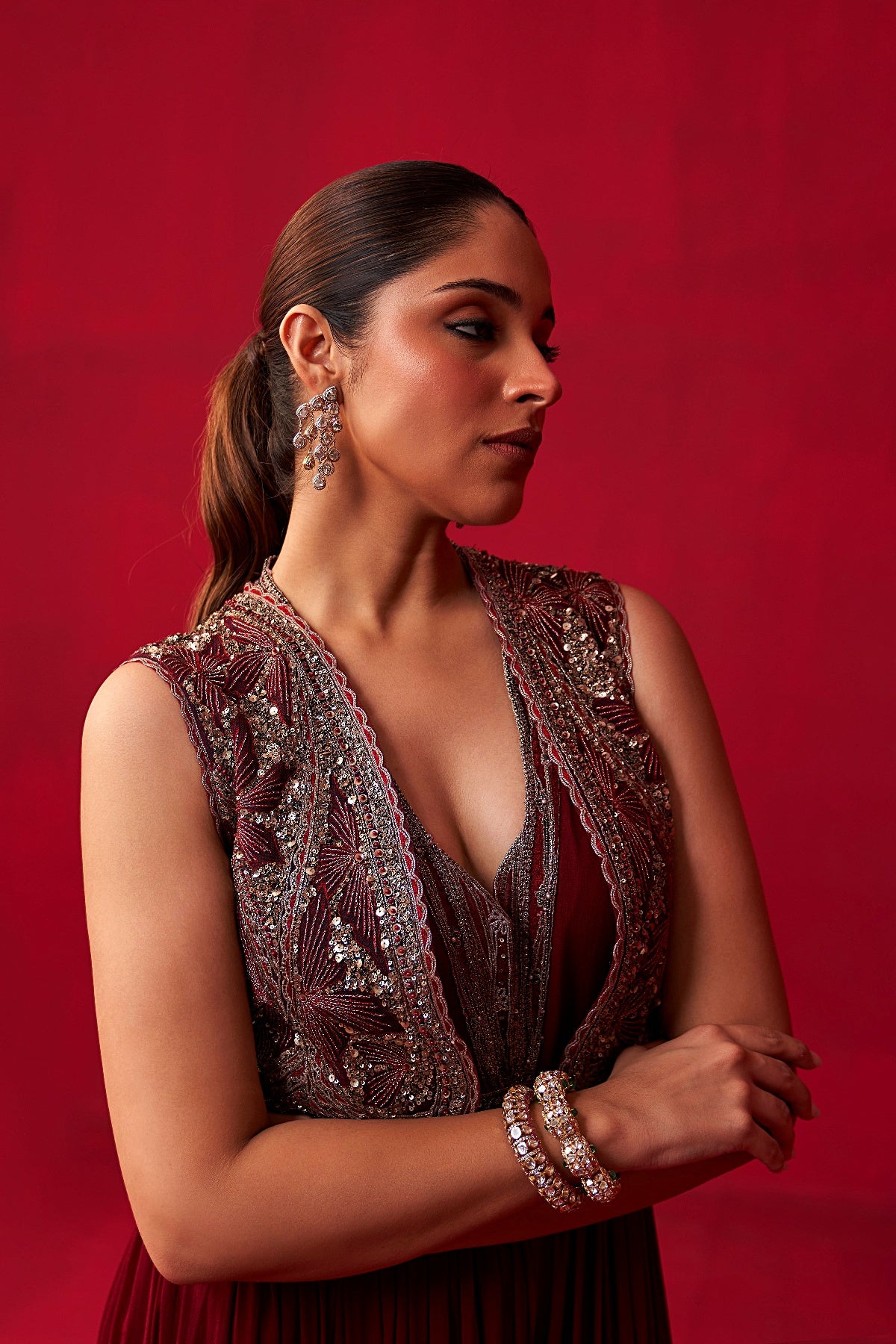 Maroon Glitch Gold Jacket Jumpsuit Set