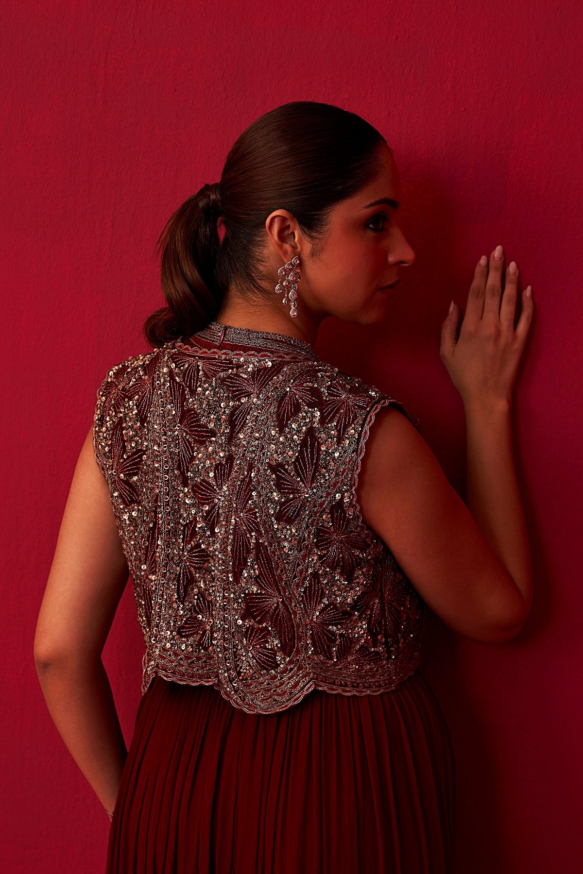 Maroon Glitch Gold Jacket Jumpsuit Set