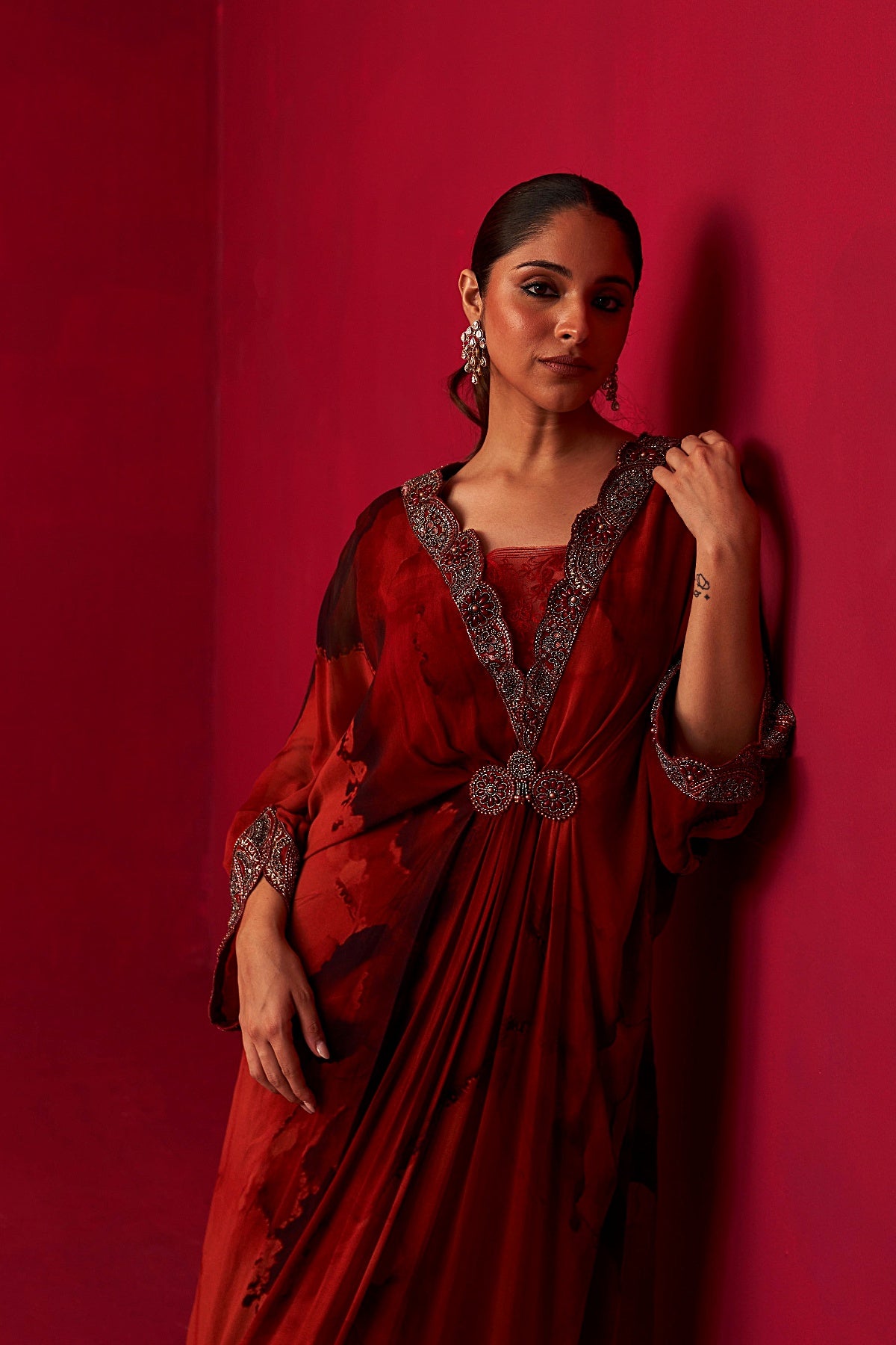 Red Marble Print Dewdrop Draped Kaftan