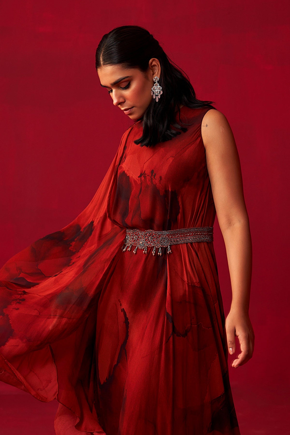 Red Marble Print Dewdrop Draped Kaftan